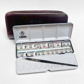 Schmincke Horadam Aquarell Set, 12 Half Pans, 6 Whole Pans, Enamelled Metal Box in Leather Case